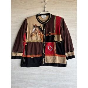 Vintage Jack B Quick Equestrian Cardigan Old Embellished Horse Motif Gold Trim S